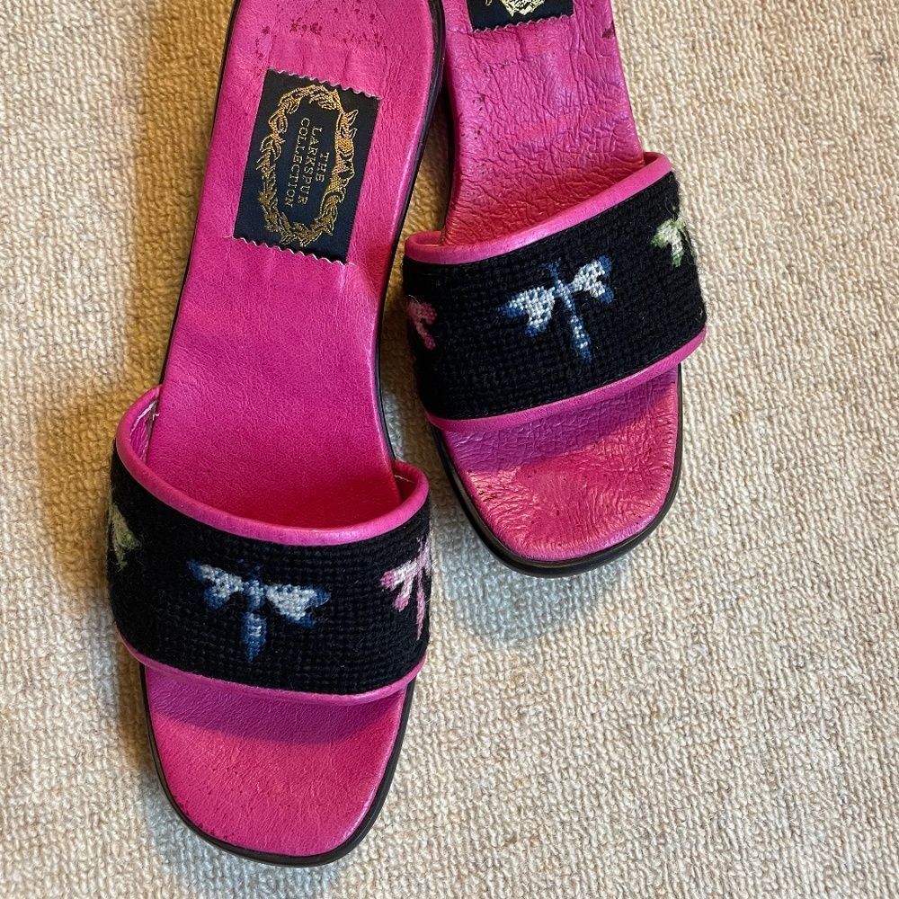 Dragonfly Needlepoint Slides, Worn ONCE.